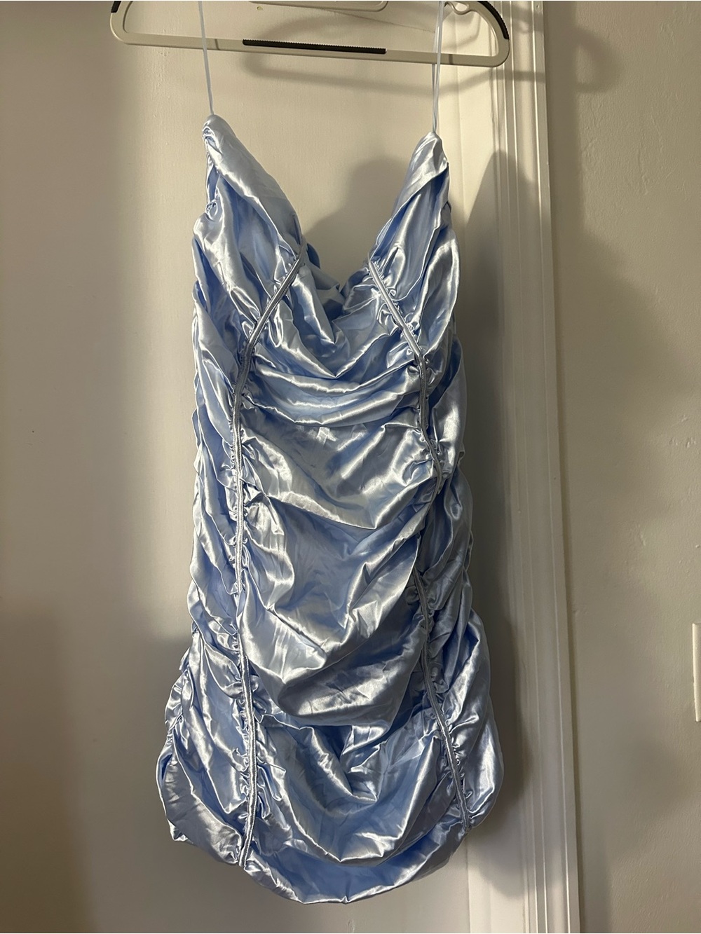Fashion Nova Light Blue Satin Ruched Strapless Dress